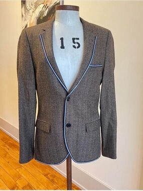 Topman Brown Herringbone Blazer with Navy & White Piping